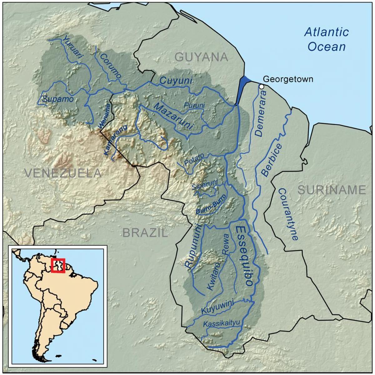 خريطة غيانا تظهر ثلاثة الأنهار الرئيسية