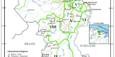 خريطة غيانا تبين عشرة المناطق الإدارية